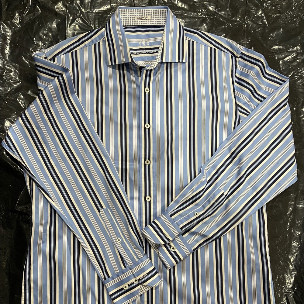 Bugatchi Dress shirt. Blue/Black/White stripe Sz L